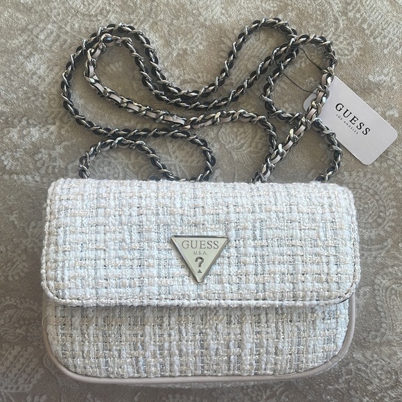 Guess Handbags - Brand New Guess White Tweed Chain Cessily Mini Crossbody Purse Shoulder Bag